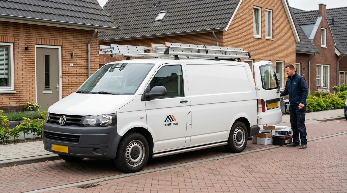 De professionele werkbus van Dakhelden in een Nederlandse straat